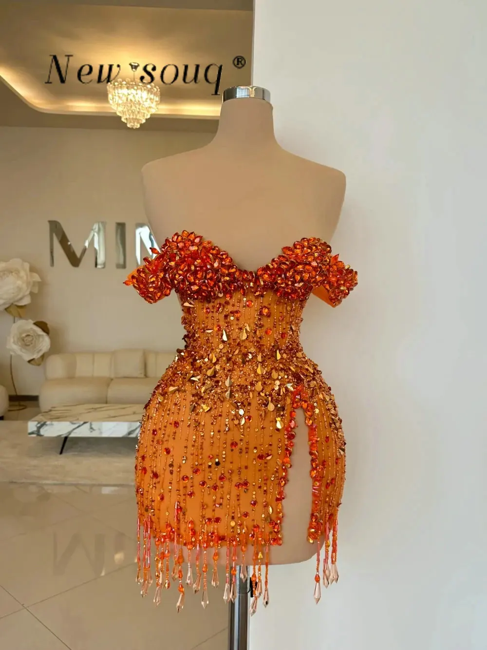 Burnt Orange Crystals Beaded Off Shoulder Sweetheart Neck Cocktail Dresses with Side Slit Sexy Mini Sequins Vestidos De Noche