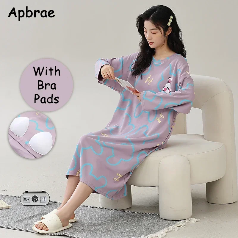 M-3XL Cotton Long Nightgown for Women Autumn Winter O-neck Cartoon Cute Nightgowns Rabbit Print Long Sleeves Sleepwear Dress