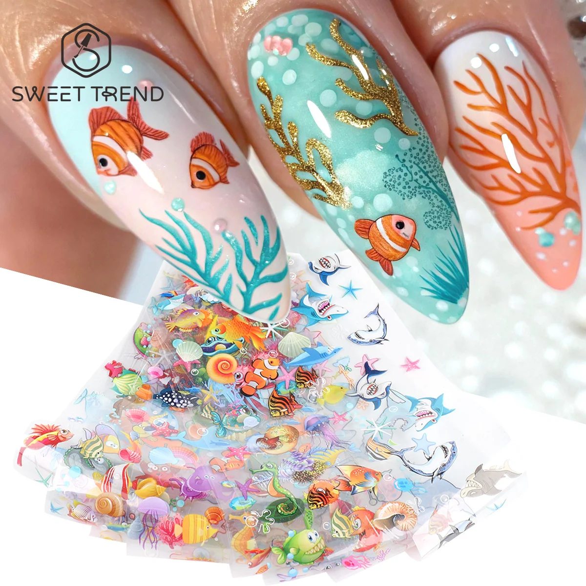 10 peças de Adoráveis Folhas de Transferência para Unhas com Tema de Vida Marinha: Peixe-Palhaço, Estrela-do-mar, Concha, Papel Céu Estrelado, Sliders Oceânicos de Verão, Tatuagens para Manicure