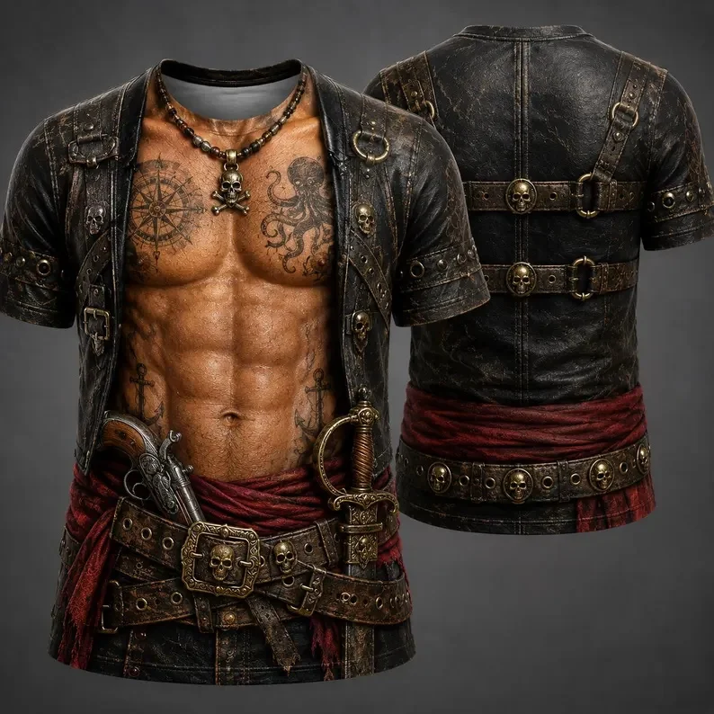 Men 3D Fake Pirate Leather Vest Muscle Tattoo Print Short Sleeve T Shirt Skull Graphic Tee Halloween Cosplay Tee Shirts