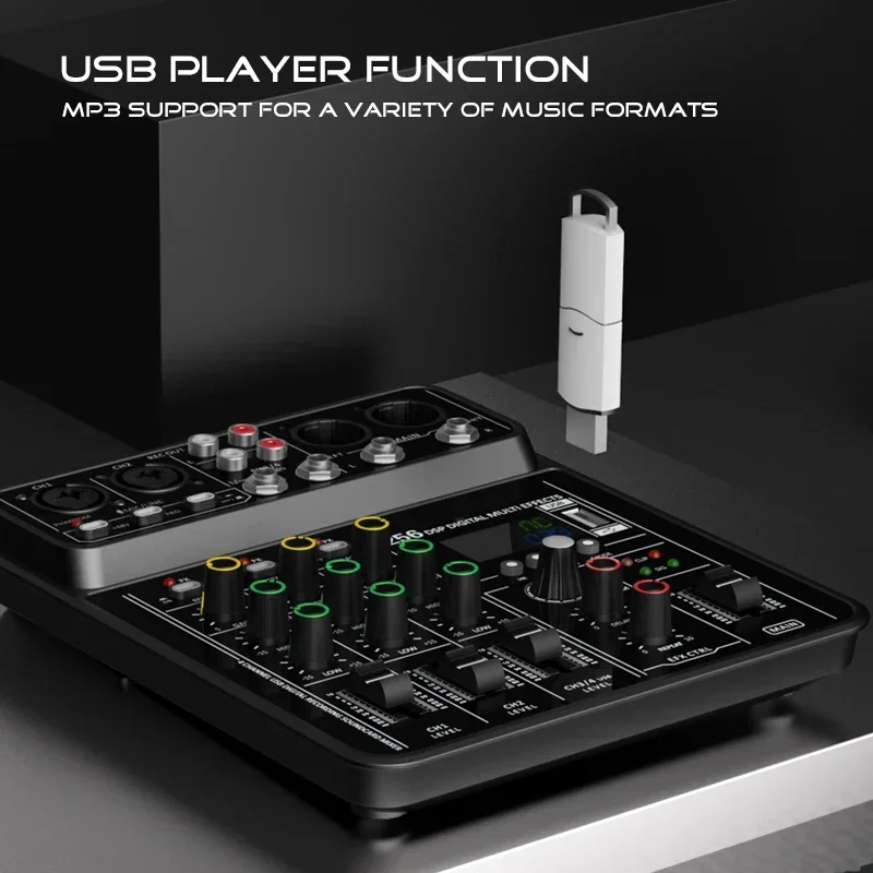 Audio Interface Mixer with Bluetooth USB Recording Computer 48V Phantom Power Delay Replay Effects, 4-Channel Audio Mixer ﻿ view 2