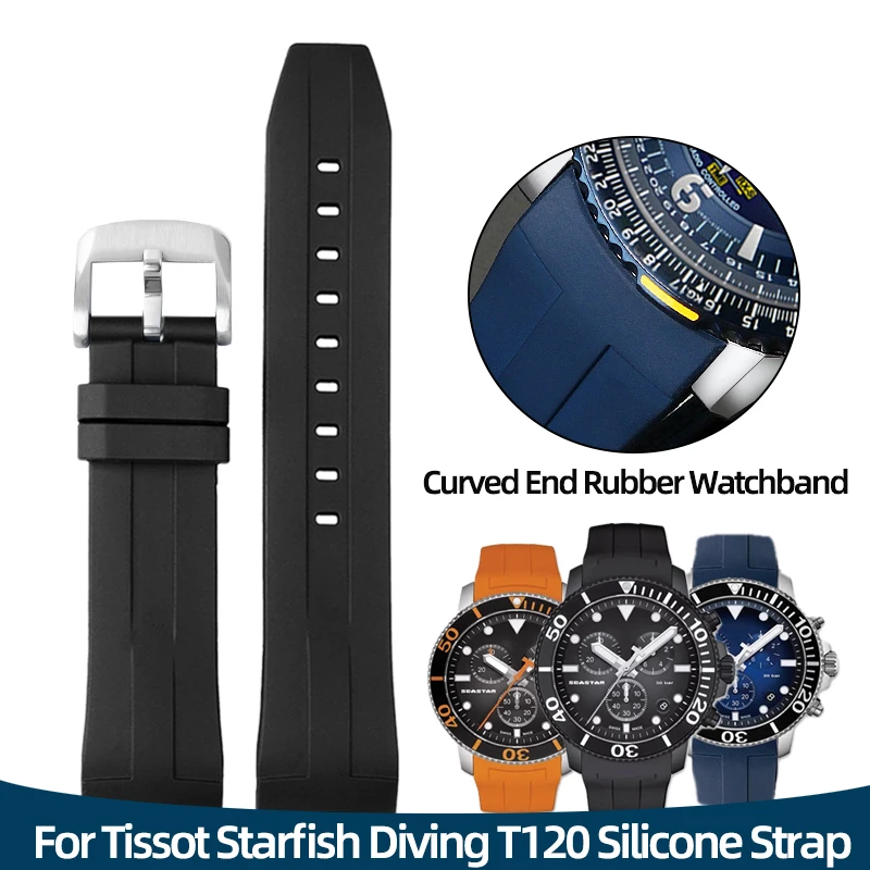 21mm 22mmCurved End Rubber Watchband For Tissot 1853 Starfish Diving T120 Silicone Strap T120417A Wrist Bracelet Male Black Blue