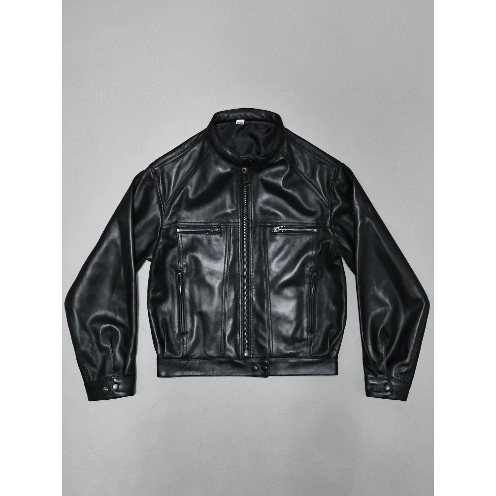 女性用第一層羊革ジャケット、ルーズショートスタンドカラーワークウェア、モーターサイクルバイカー用本革ジャケット、アウターウェア