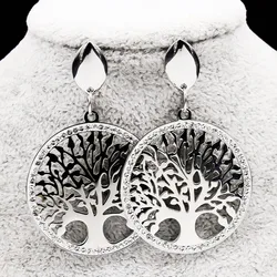 Tree of Life Stainless Steel Crystal Dangle Earrings for Women Big Silver Color Drop Earrings Jewelry Gift pendientes cristal
