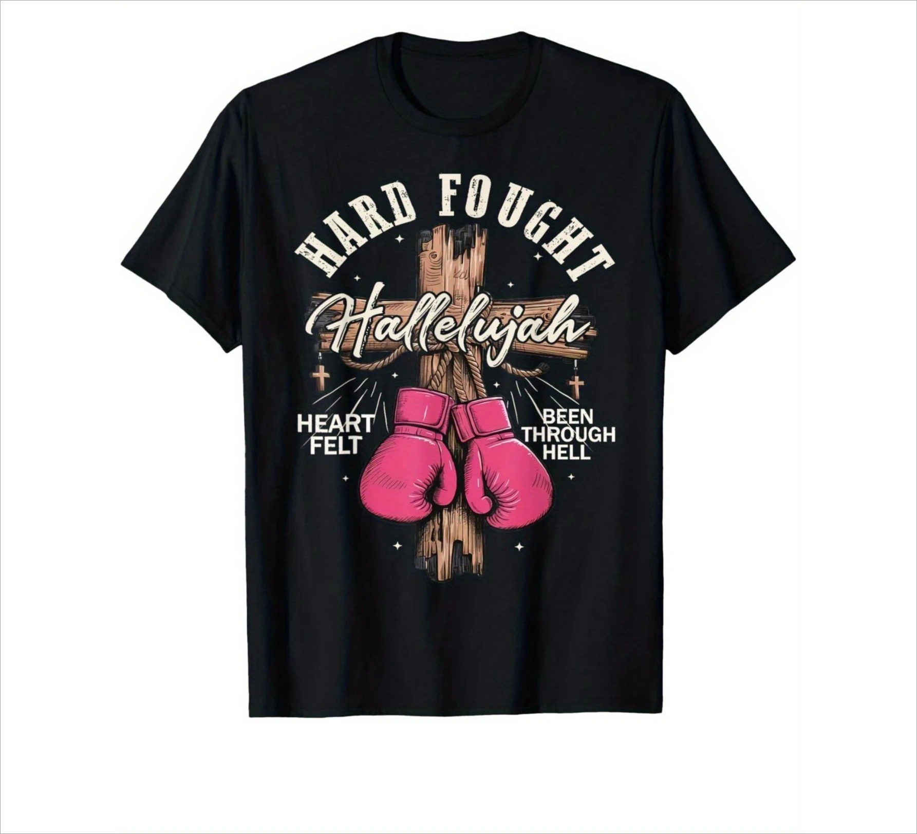 

Men's Christian T-Shirt Hard Fought Hallelujah Graphic Tee Religious Boxing Slogan Top