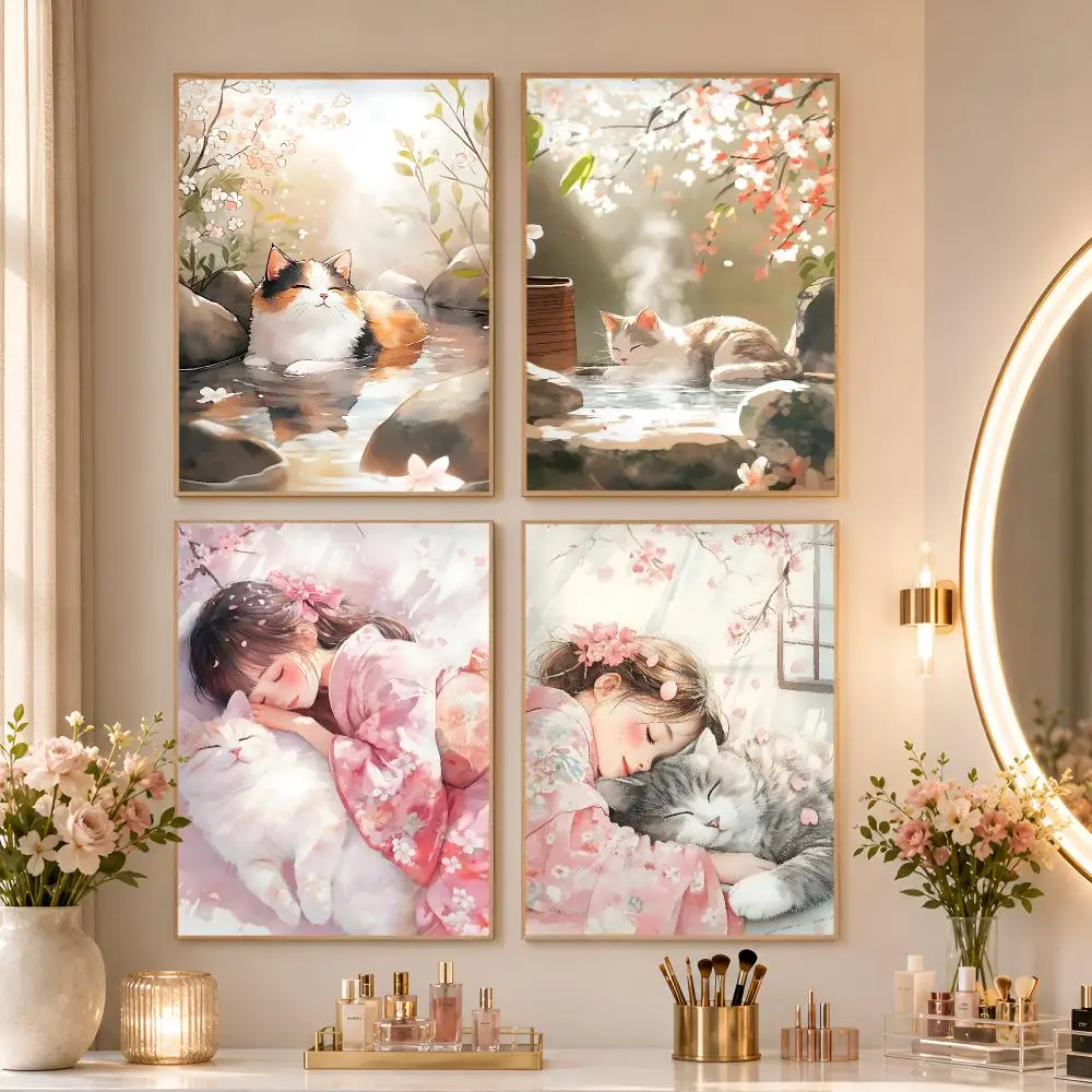 Girl And Cat Sleeping Under Sakura Japanese Poster Matte Self-Adhesive Wall Art Print Living Room Bedroom Home Wall Decor