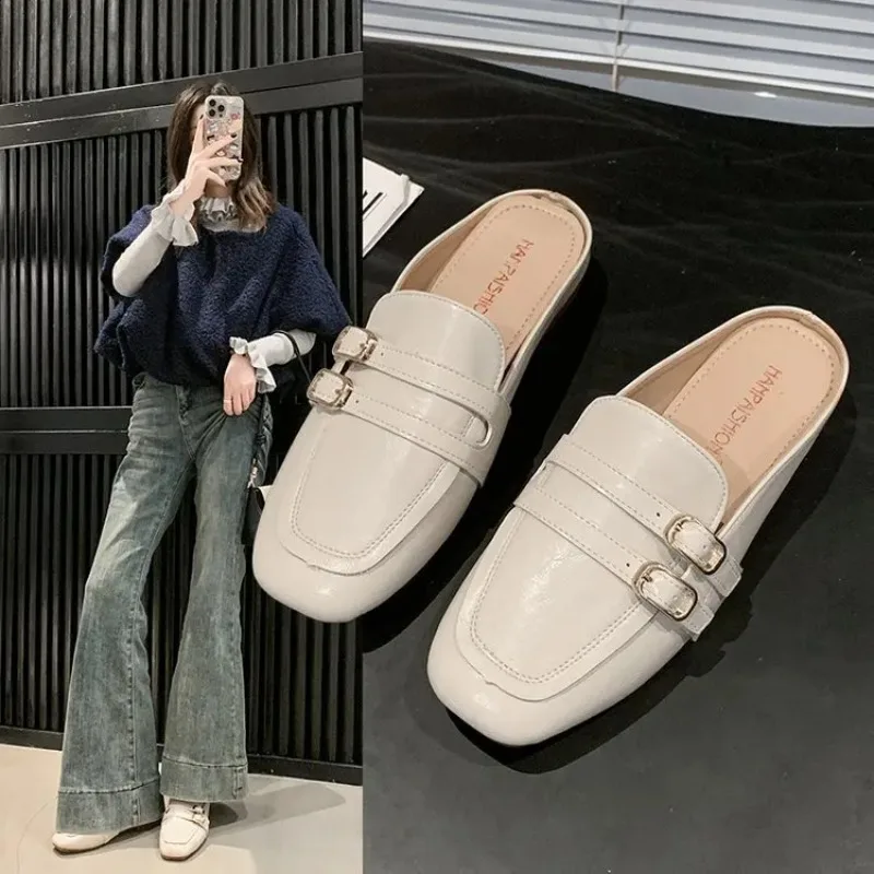 

French Baotou Half Slippers for Women Spring 2025 New Style Outerwear Cool Slipper Lazy Flat Bottom One Step Stepping Mill Shoes