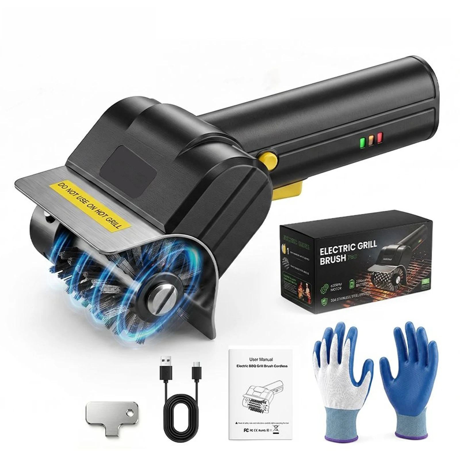Handheld Electric Grill Brush 1100 RPM High Speed Roller Grill Cleaner Brush Splash-Proof Guard Detachable BBQ Cleaning Brushes