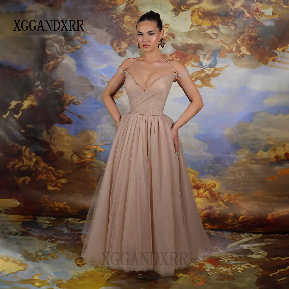 Customized Nude Long Tulle Prom Dress 2026 Elegant V Neck Corset Pleated A Line Evening Dress Wedding Guest Formal Party Dress