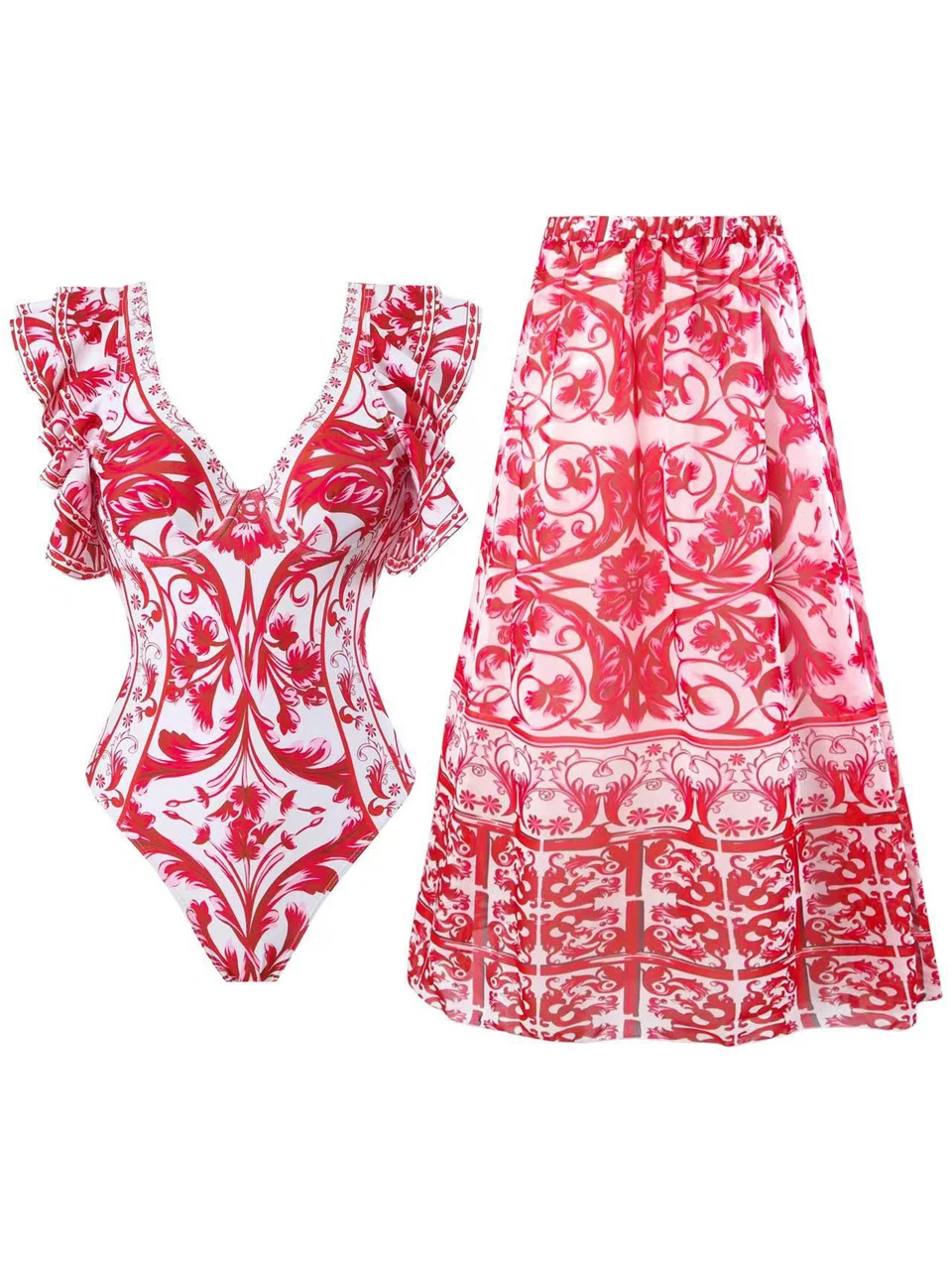 

2024 Ruffle Print Swimsuit One Piece V-neck Swimwear With Beach Long Skirt Women BodySuit Female Bathing Swimming Summer 2 Piece