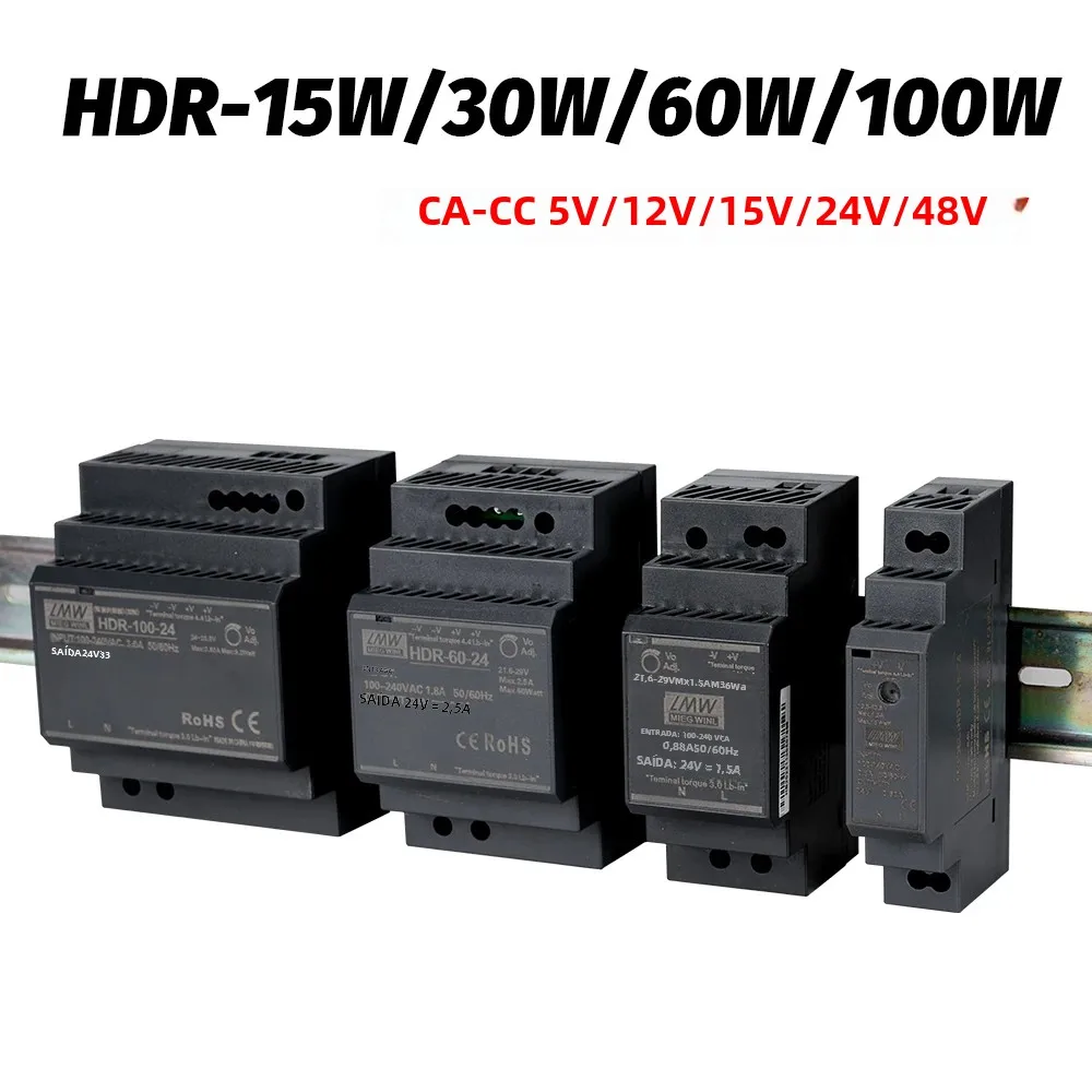 Fonte de Alimentação Chaveada Série HDR 15W 30W 60W 100W AC-DC 5V 12V 15V 24V 48V Ultrafina em Formato de Degrau para Trilho DIN