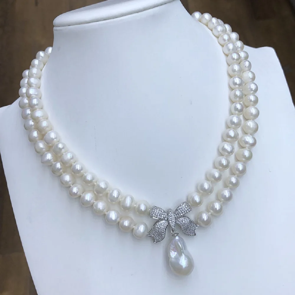 2-Row Pearl Necklace AAA 8-9mm+15x20mm Natural South Sea Round Pearl Necklace 925s 19-20inch