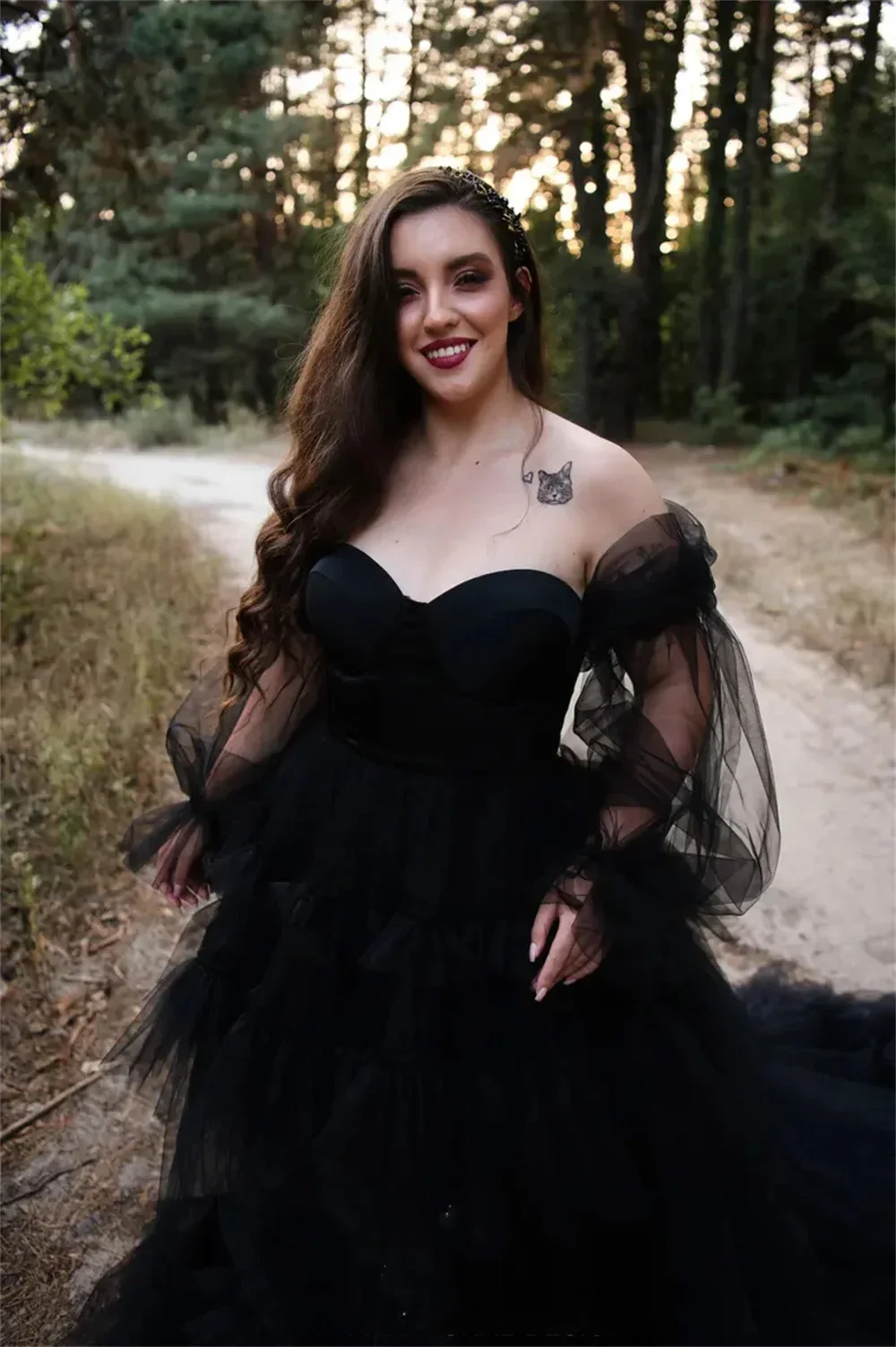 Customized Price AdjustmentGothic Black Puffy Sleeve Evening Dress Sweep Train Tulle Prom Dress 2024 Elegant Black Wedding Gown