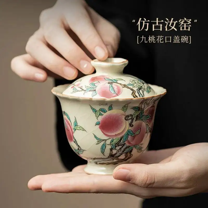 

Antique Ru Kiln Nine-petal Peach Blossom Open-crackle Ceramic Tea Bowl Tea Cup Two-talent Lid Bowl Household Kung Fu Tea Set