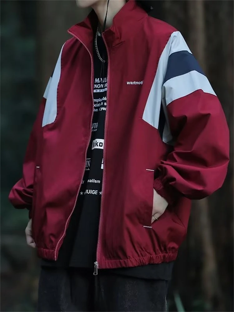 Loose Fit Men's Spring Autumn Outdoor Climbing Jacket Color Block Workwear Style Durable Cargo Coat Youth Trendy Long Sleeve