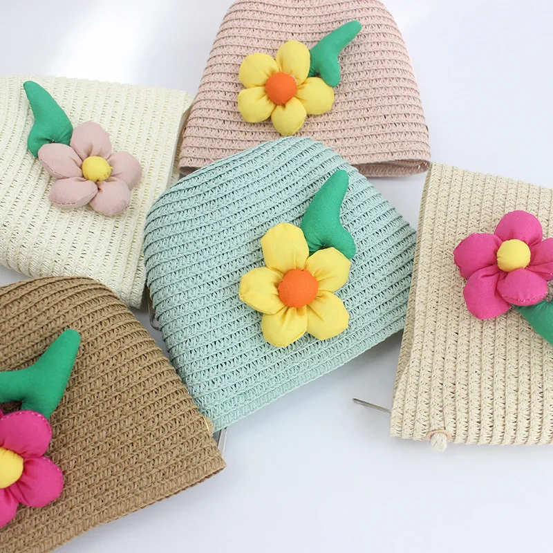 Bolsos de hombro de paja para niños, sombrero de sol con flores pequeñas, accesorios de playa para viaje de verano, bolsos adorables