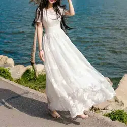 2023 Spring Summer New Lace Dress Women's White Square Neck Temperament Simple Fashion A-line High Waisted Fairy Beach Dresses