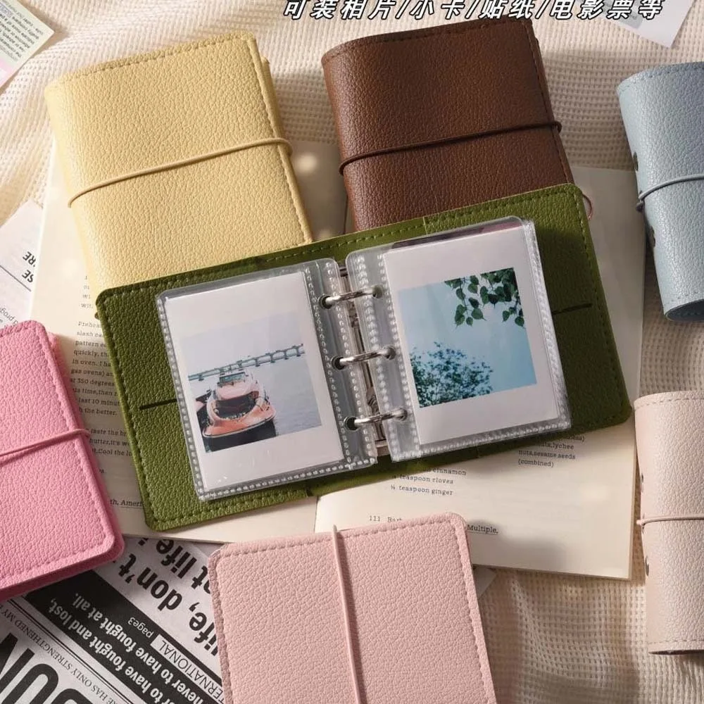 3-Inch Photocard Binder 3-Hole Ring Acid-free Pages Mini Photo Album Elastic Band PU Leather Card Collect Book Desk Decor