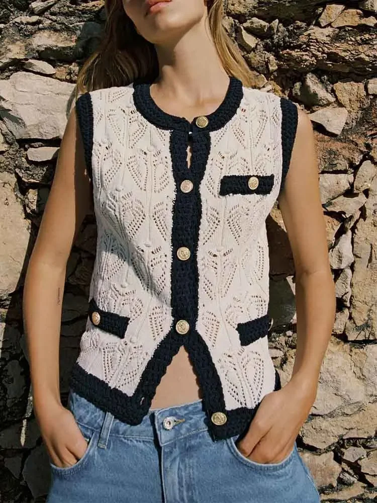 

European style new women's fashion versatile temperament jacquard mesh knitted round neck vest top
