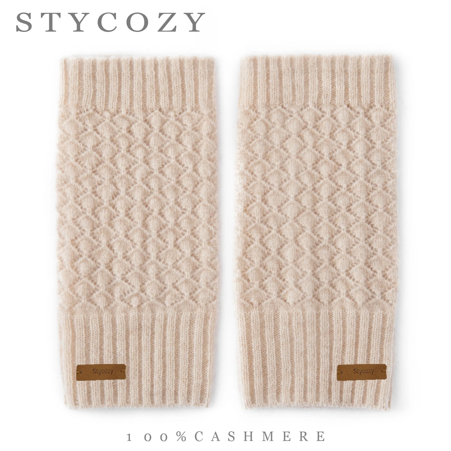 100%Cashmere Diamond Knit Fingerless Gloves Women Ribbed Wrist Cuffs Winter Thermal Short Arm Warmers Office Typing Daily Outfit