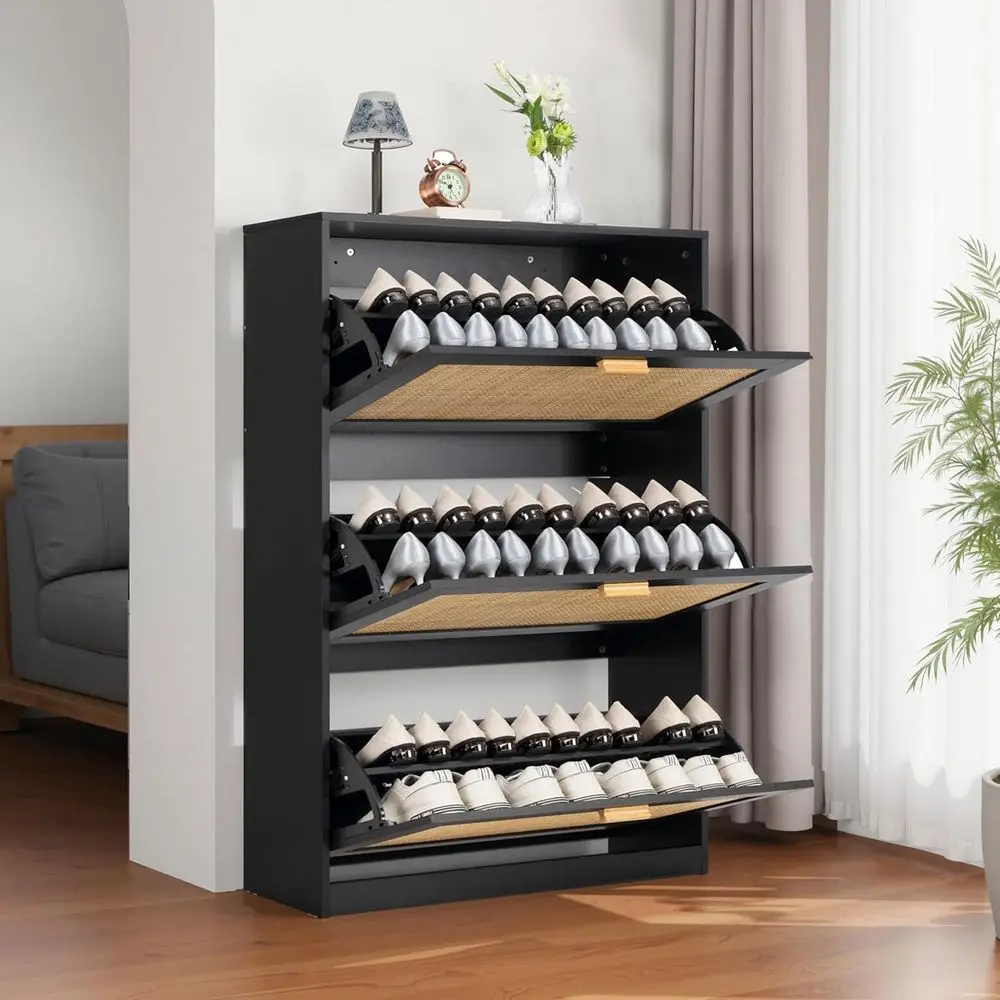 Extended Edition Shoe Cabinet with Natural Rattan lip Ders or Entryway, ree Standing 3 Tier Slim Shoe Organizer, Shoe Cabinet wi