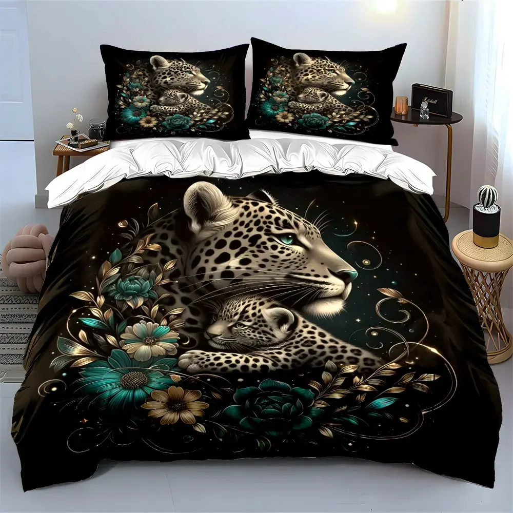 Leopard Family Art Decor Set Bedding Set with 1 Duvet Cover 2 Pillowcases Single Double King Queen, Gift