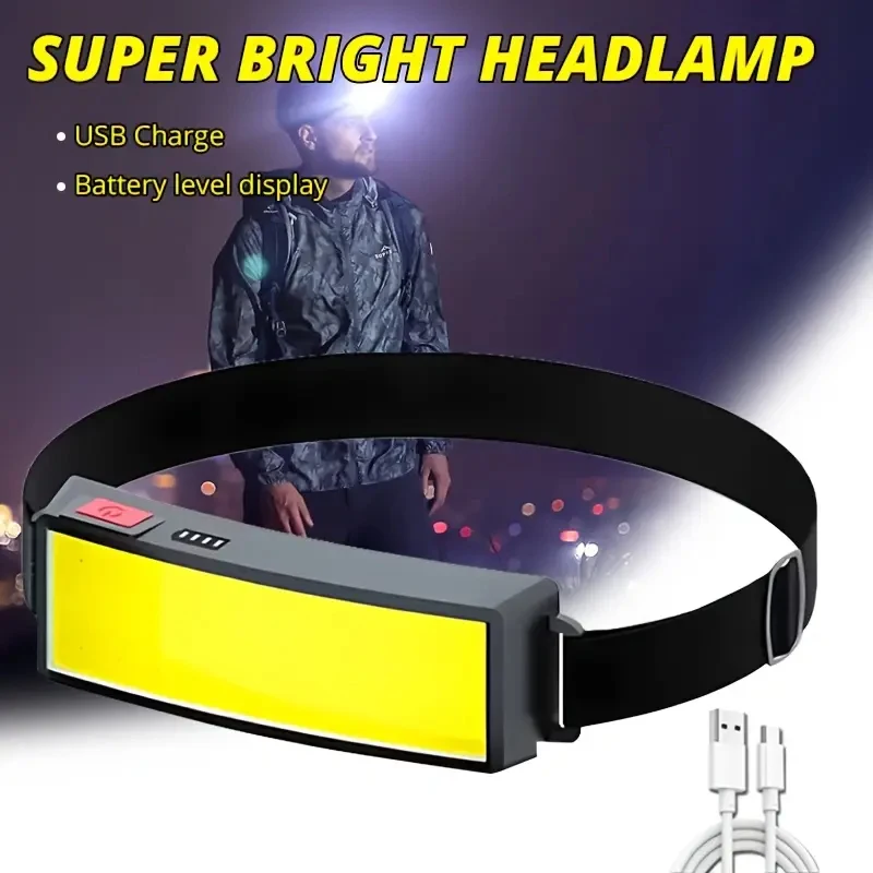 Powerful COB LED Headlamp USB Rechargeable Headlight Led Head with Built-in Battery Waterproof Lamp Hiking Camping Head Lantern