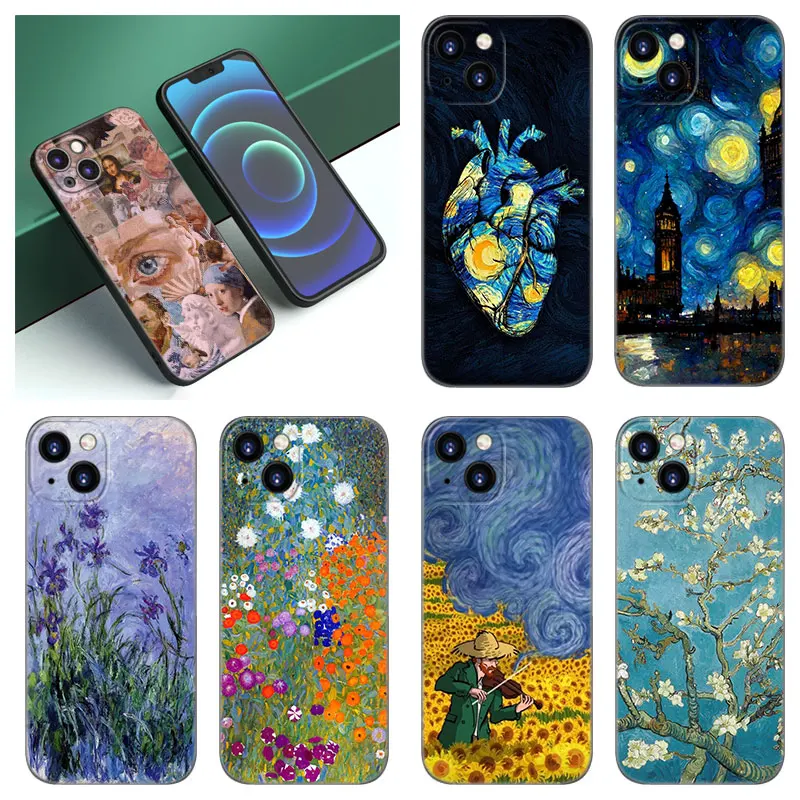 Van Gogh Klimt Kiss Phone Case For Apple iPhone 12 13 Mini 11 14 15 Pro XS Max 7 8 Plus X XR SE 2020 2022 Black Silicone Case