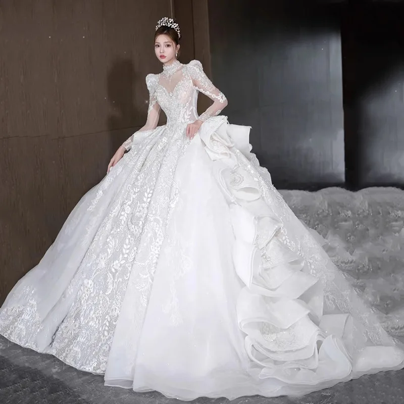 Long sleeve main wedding dress 2024 new summer bride main wedding dress senior texture small French retro heavy industry woman