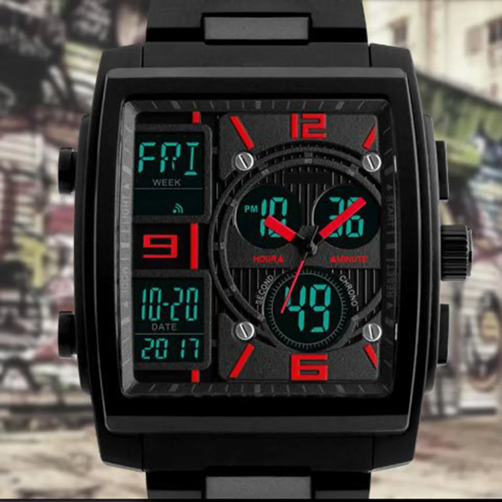 

Men's Outdoor Sports Watch Red Large Square Waterproof Dual Display Wristwatch Military Style Backlight Stopwatch