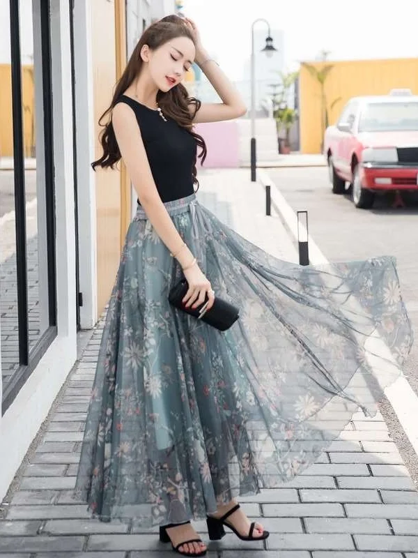 

Summer New n Chiffon Floral Long Skirt Women's Cleanfit Sle mid Waist PVC Fabric Ciwalk Fairy Skirt Batwing pe
