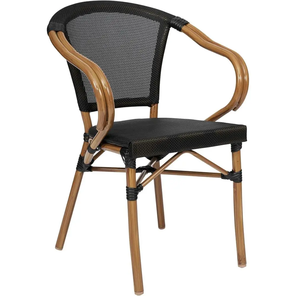 

Коммерческий стул-бистро Marseille для помещений и улицы - с изогнутыми подлокотниками - черная спинка и сиденье из текстилена - с принтом под натуральный бамбук Meta