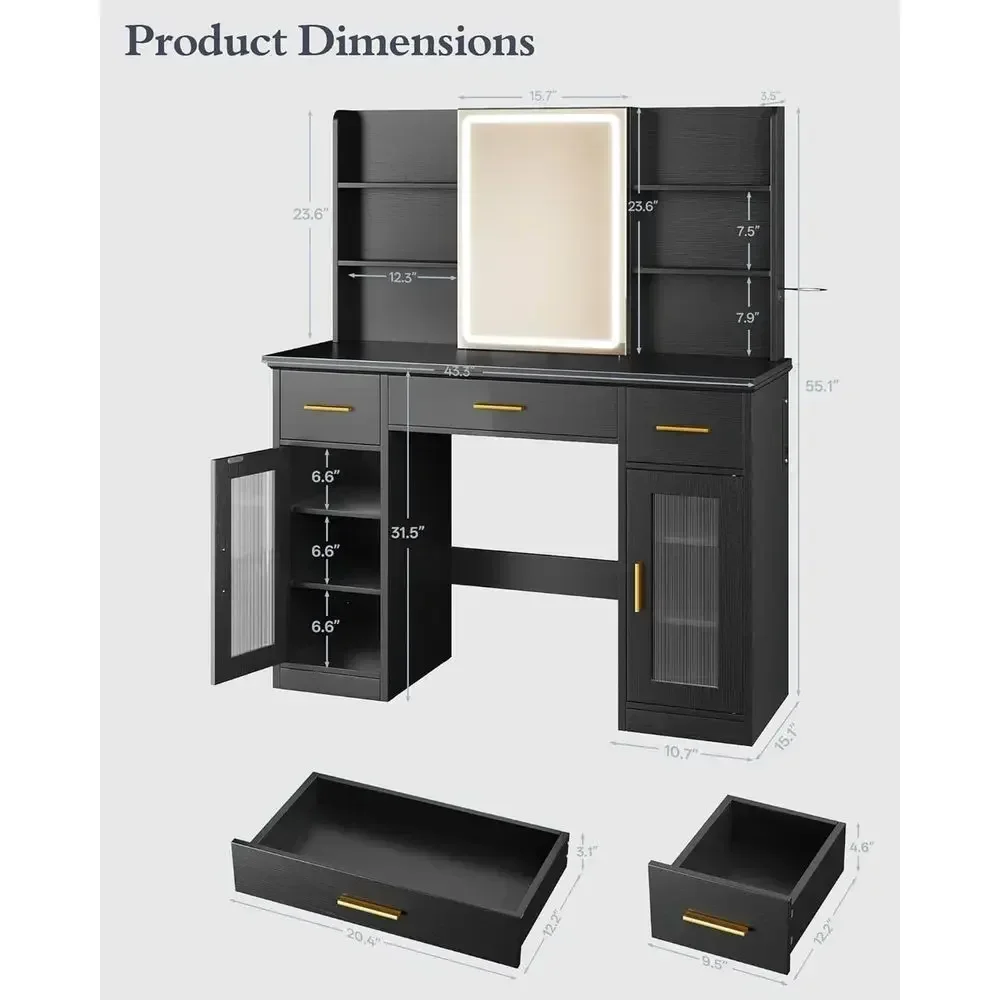 43.5 Large Makeup Vanity Desk with Sliding Mirror, 3 Adjustable Lights, 4 Drawers & 2 Cabinets, Power Outlets, Black