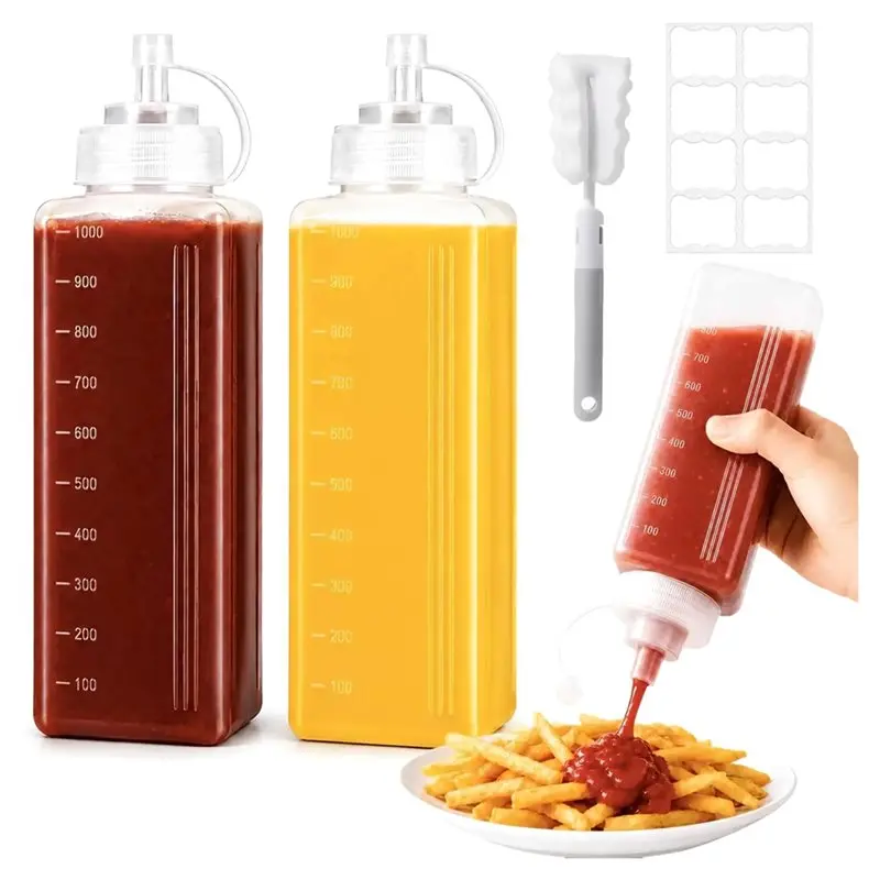 ABXF-Squeeze Bottle For Sauces, 34 Oz Wide Mouth Condiment Squeeze Bottles, Plastic Squirt Bottles With Labels,Cleaning Brush