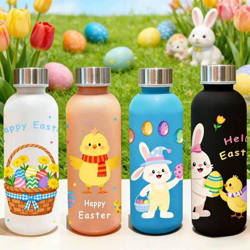 Garrafa de água com padrão de patinho e coelho de desenho animado impressa em 3D - Textura estereoscópica fofa, resistente ao desbotamento, à prova de arranhões, à prova de vazamentos