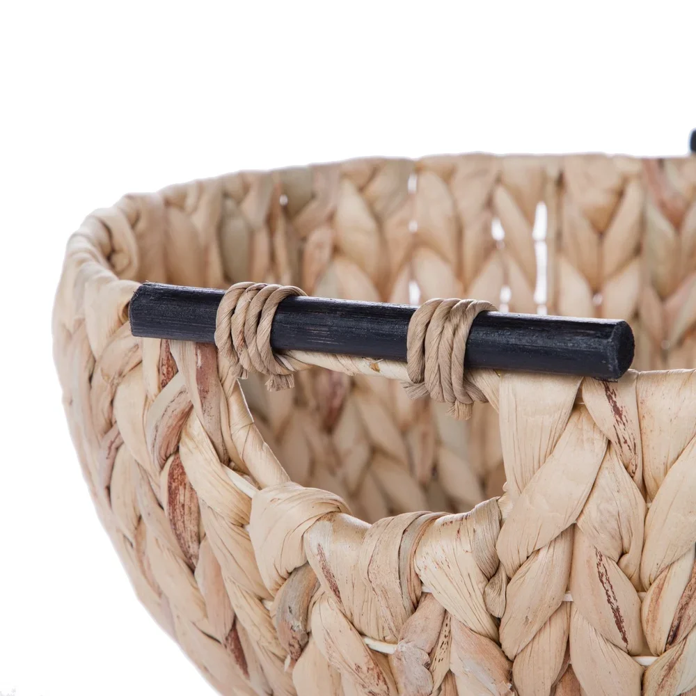 Natural Woven Water Hyacinth Decorative Bowl with Wooden Handles Home Storage Floral Centerpiece Kitchen Dining Table