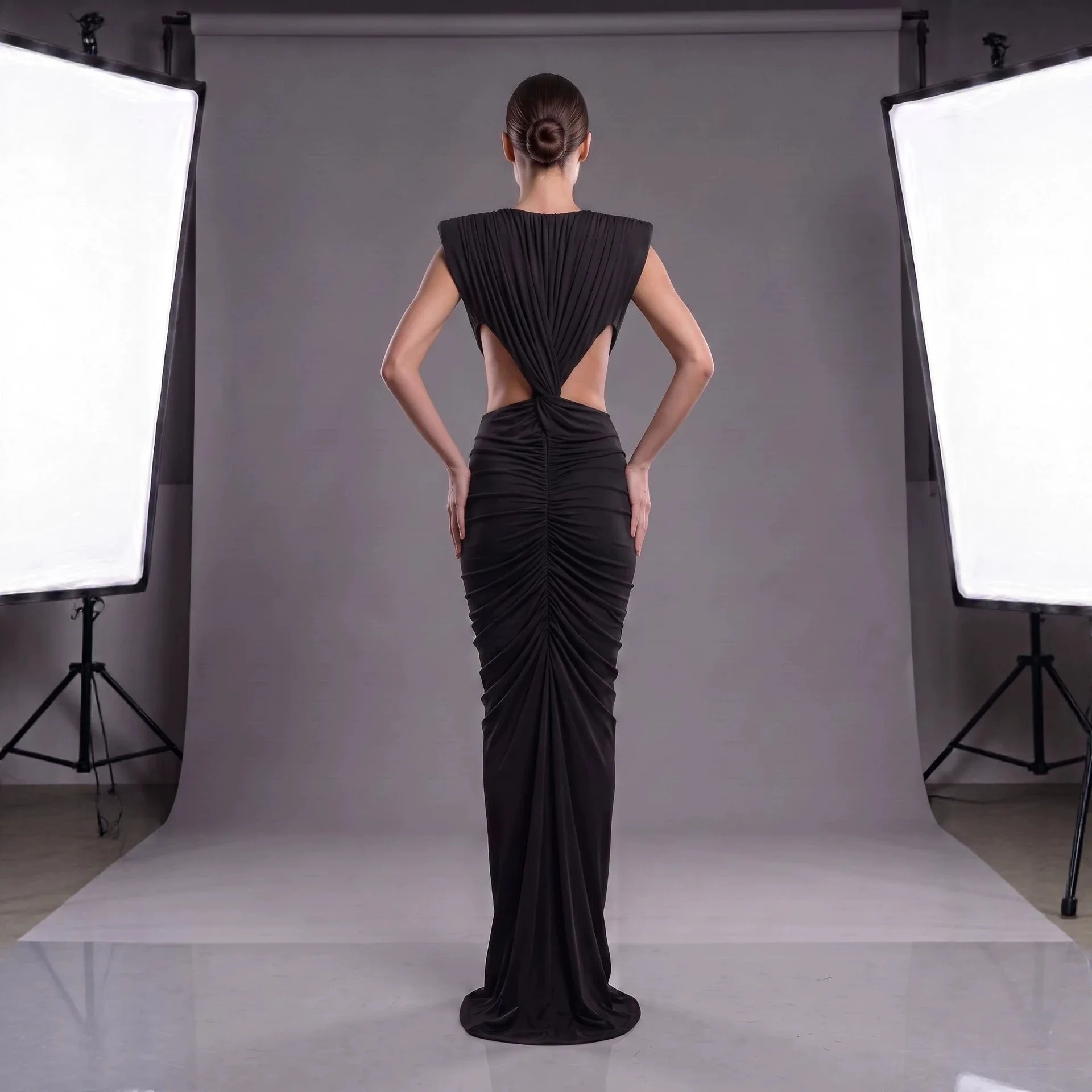 Sexy Black Deep V Neck Hollow Out Folds Maxi Dress Sleeveless Draped Dresses Bodycon Evening Dress Formal Party Club Outfit view 3