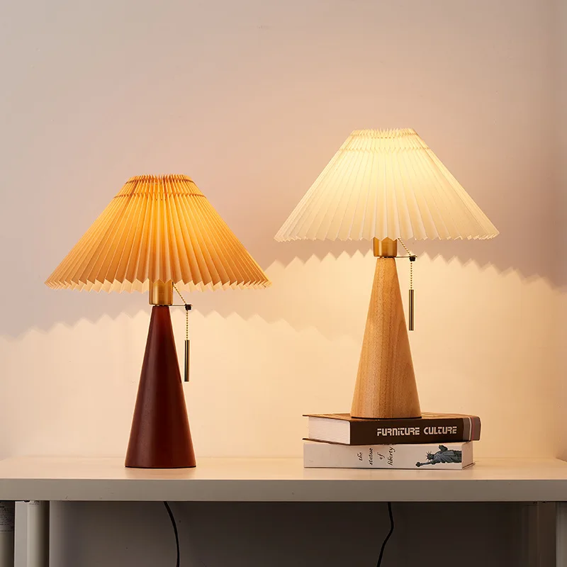 Nordic Three-Color Solid Wood Vintage Pleated Reading Lamp Bedroom Home Decoration Lighting Lamp Lede27 Bulb