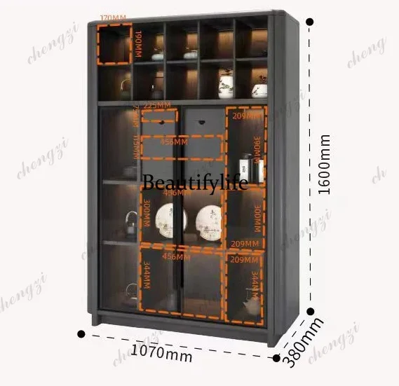 a55 Italian minimalist solid wood bookcase glass door floor-to-ceiling display cabinet modern combination locker with lamp view 5