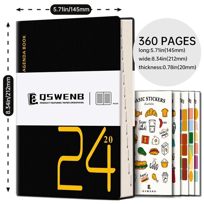 2024 Journal Notebook, 360 Pagina 'S Hardcover Lederen Notebook Voor Dames Mannen, 5.7X8.3Inch, Zwart Duurzaam Gemakkelijk Te Gebruiken