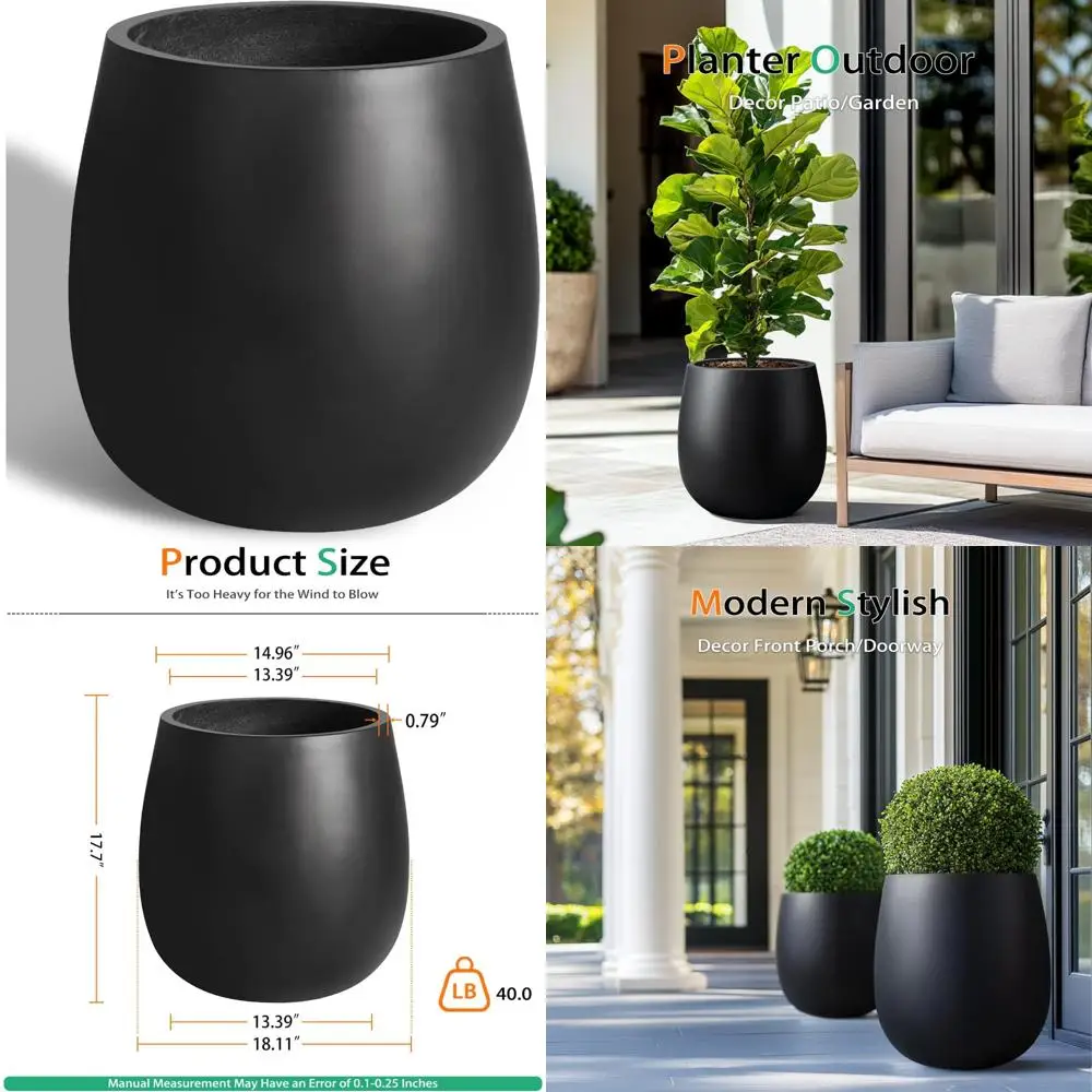 

Large Outdoor Concrete Planters, Tall Black Cement Flower Pots for Gardens, Front Porches, and Patios