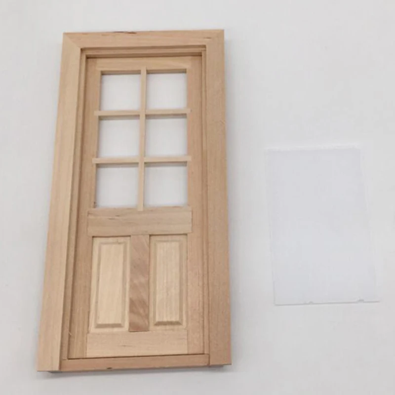 1/12 Dollhouse Miniature Wood External Single Door Unpainted DIY door and window accessories model 6 grid doors with PVC windows