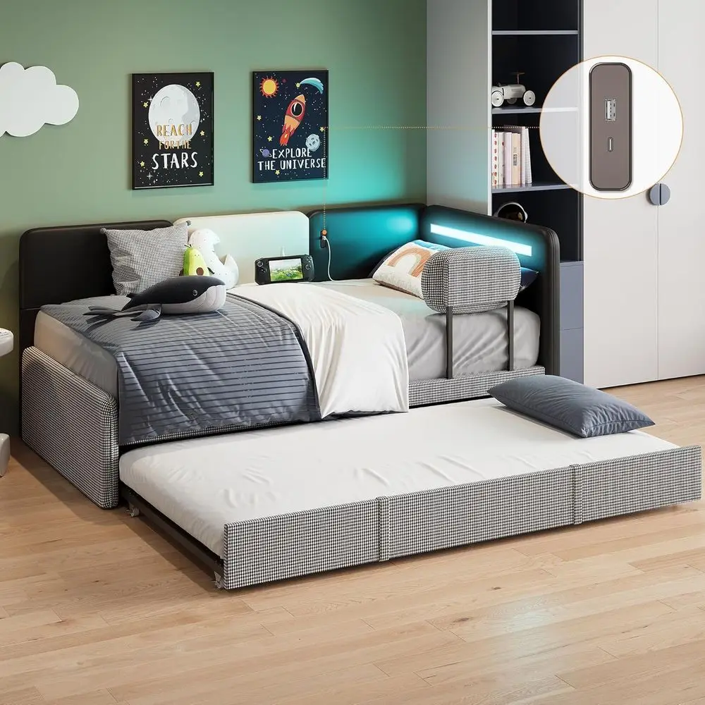 Twin Daybed with Trundle, Day Bed Frame with 2 USB Ports & LED, Upholstered Guardrail, Sofa Bed with Strong Supports for Bedroom