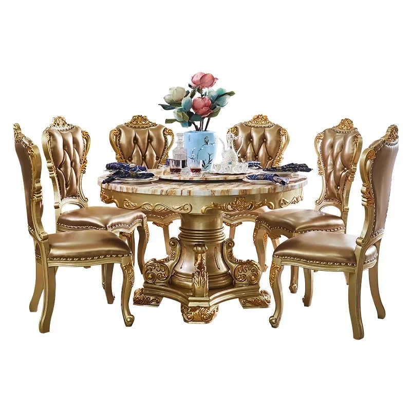 European marble dining table and chair combination round gold all solid wood dining table hotel with turntable small apartment d