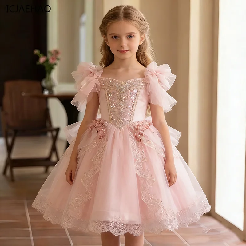 Flower Girl Dress ICJAEHAO 2026Girls'Pink Tutu StyleHost Playing Party Elegant Clothes Costume Children's Show Stage Performance