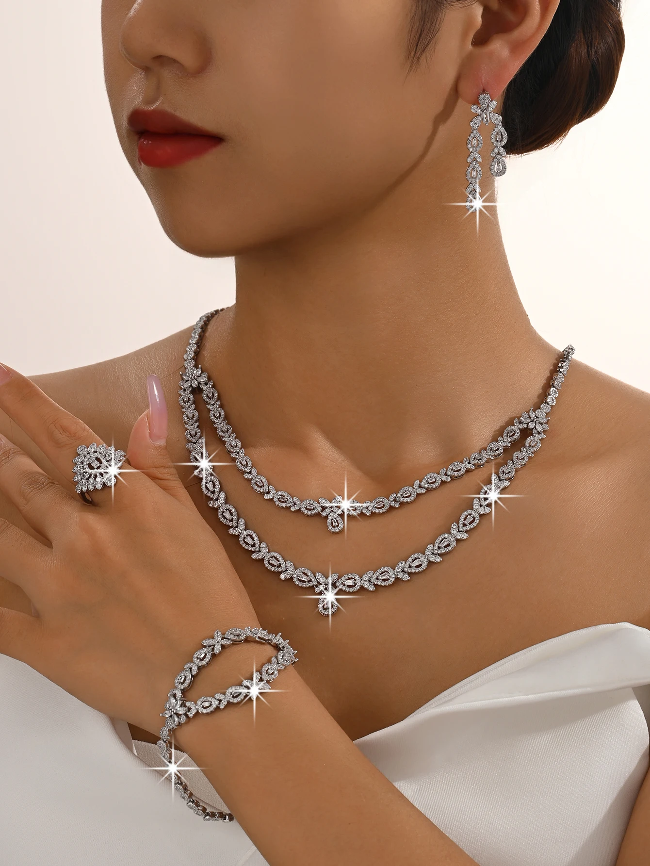 5 pieces of platinum plated, double-layer flower design bridal wedding set, inlaid with shiny cubic zirconia - including necklac