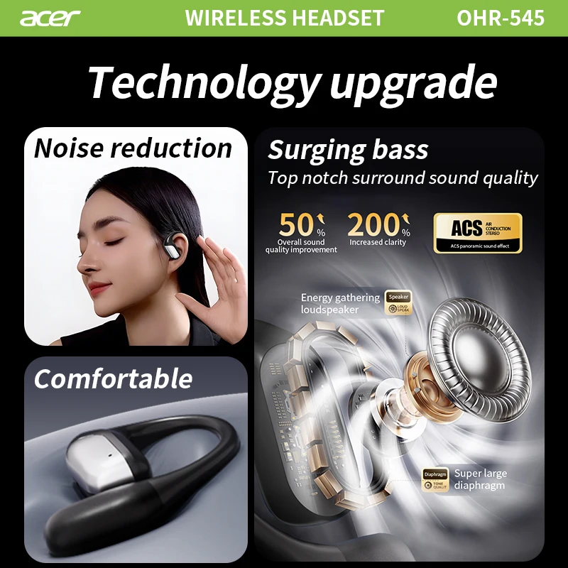 [منتج Acer الرسمي الأصيل] سماعات رأس لاسلكية Ohr545، تصميم مشبك الأذن، مريحة في الارتداء، الرياضة، الجري، اللياقة البدنية، الهواتف المحمولة، الأجهزة اللوحية، أجهزة متعددة، متوافقة، موصى بها للهدايا العشاق