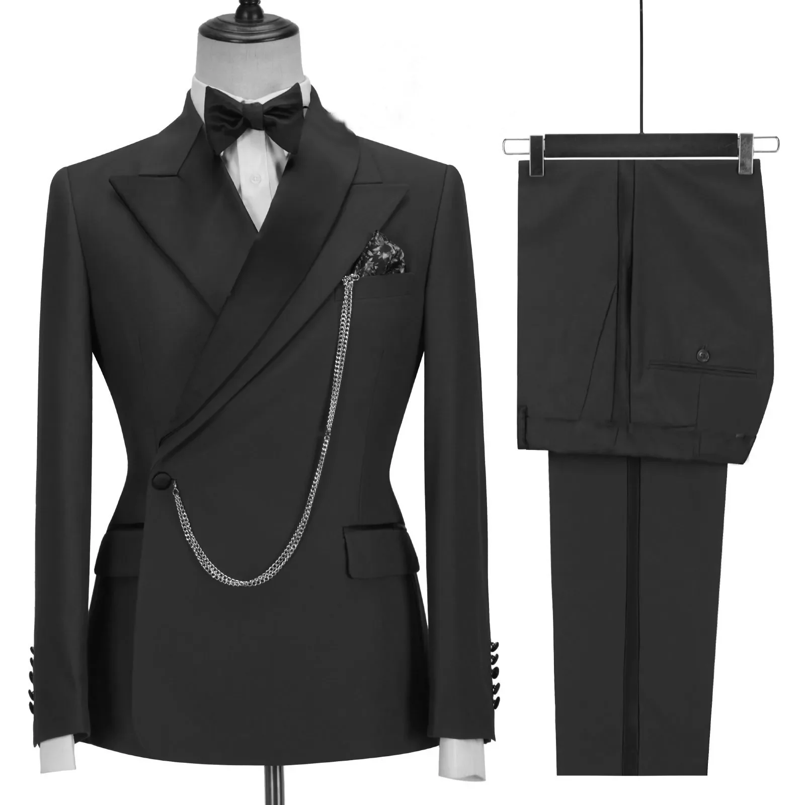 

Custom Made Black Groom Tuxedo Peaked Lapel Double Breasted Men Suit Prom Wedding Party Mens Suits Costume ( Jacket+Pants)