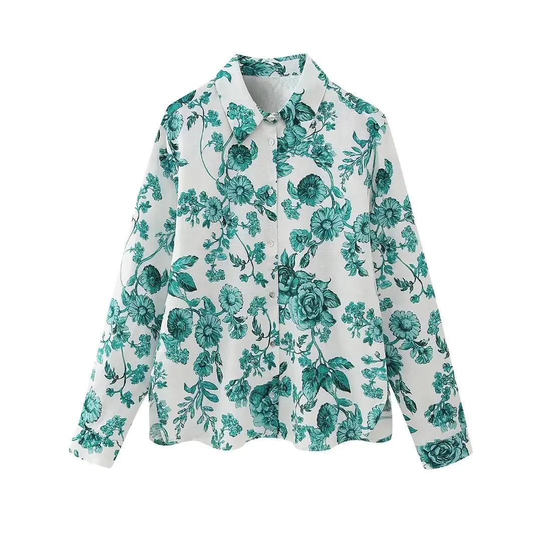 Women's 2024 New Chic Fashion Linen Blended Flower Printed Blouses Retro Long Sleeve Button Blouses Chic Tops