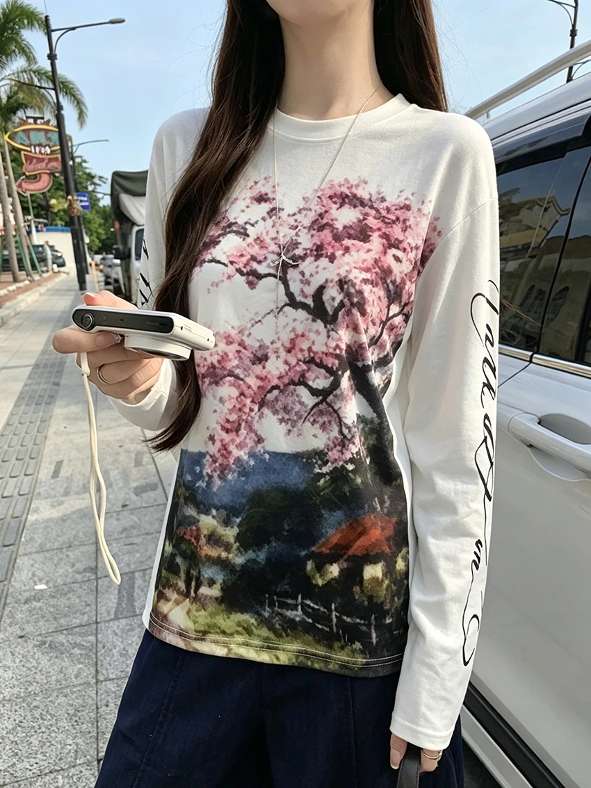 Ladies Harajuku Aesthetics Oil Painting Floral Tee Crewneck Long Sleeve Sakura Scenery Print Retro Y2K Streetwear Casual Blouses